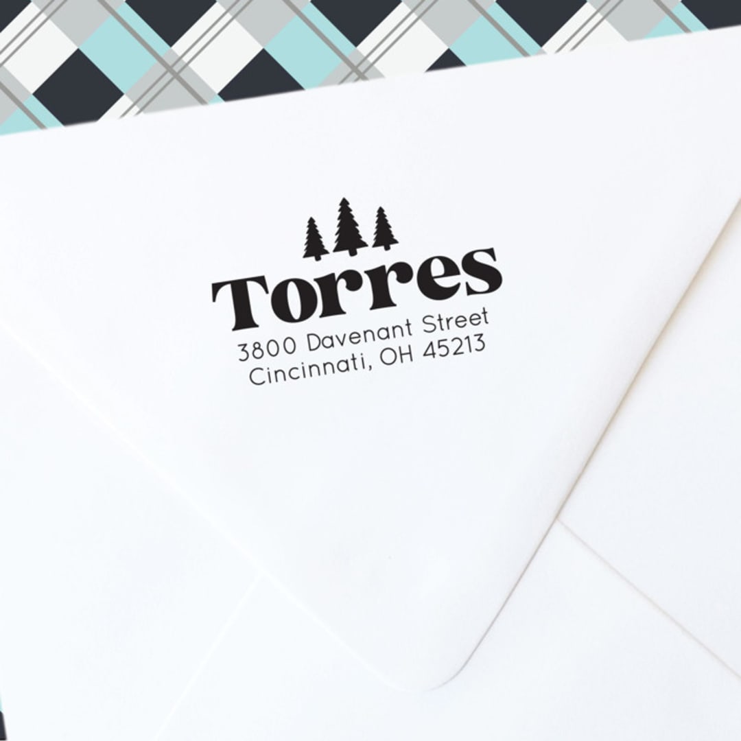 "Woodland Address Stamp for Holiday Cards, Three Trees" - Address Stamps in black by The Homebody Society