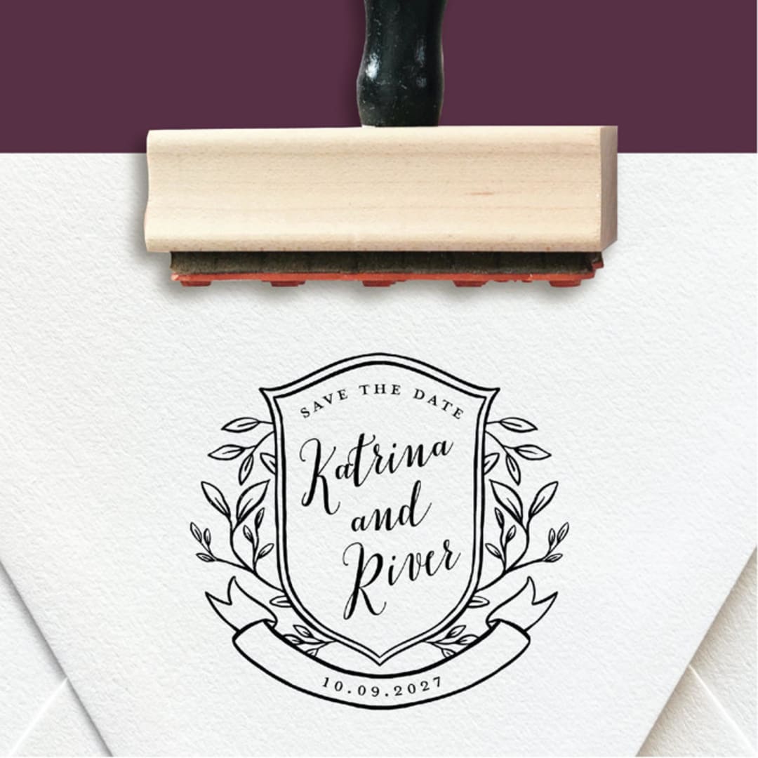 Custom Save the Date Stamp | Crest With Leaves