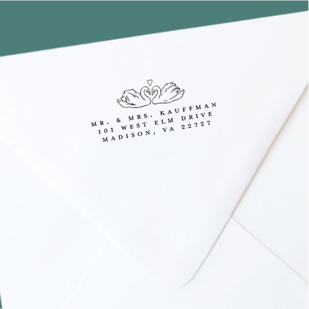 "Custom Return Address Stamp | Swans with Heart | Romantic Garden Wedding | Self-Inking" - Address Stamps in black by The Homebody Society