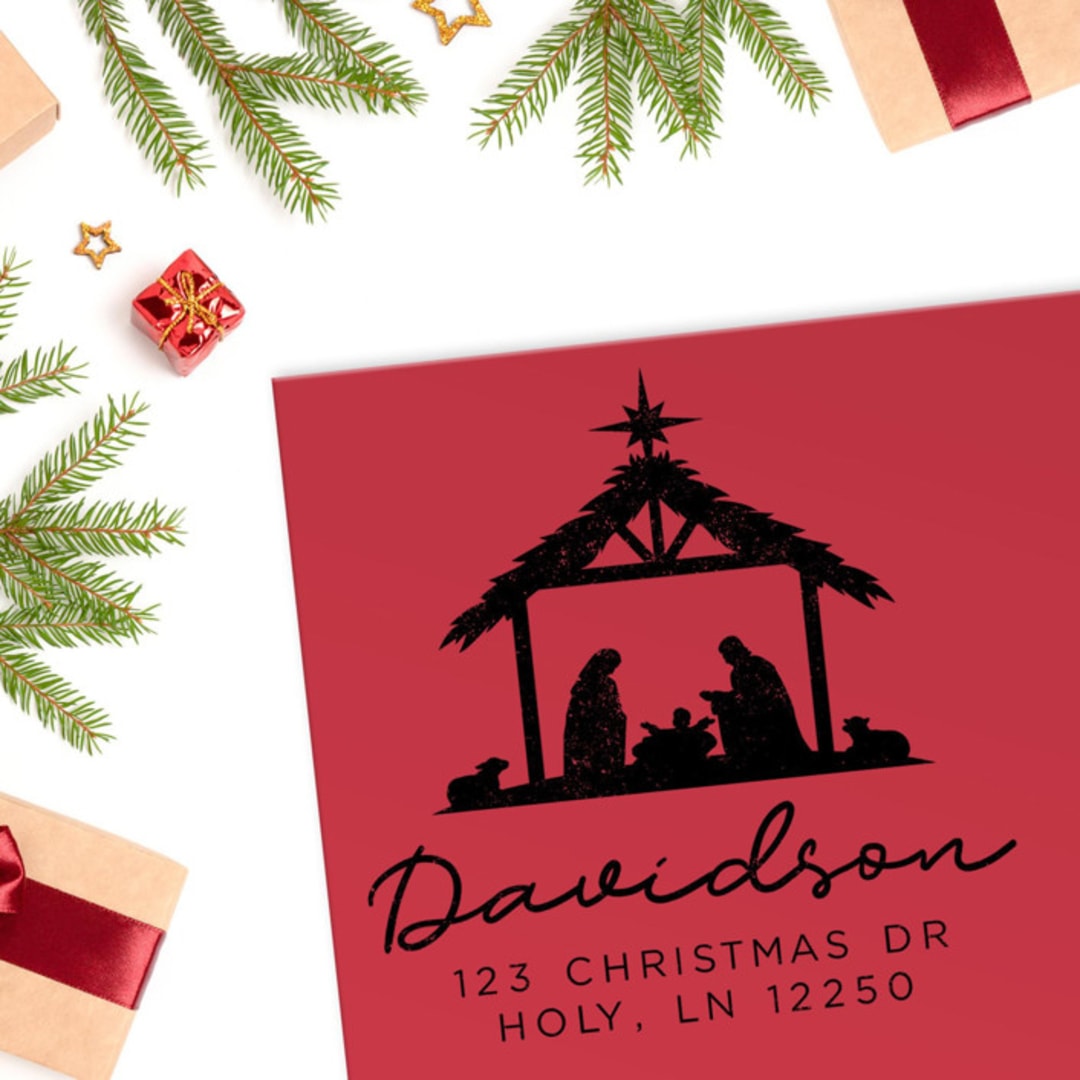 "Custom Christmas Nativity Address Stamp | Self-Inking | Black Ink" - Address Stamps in black by Casey Harp