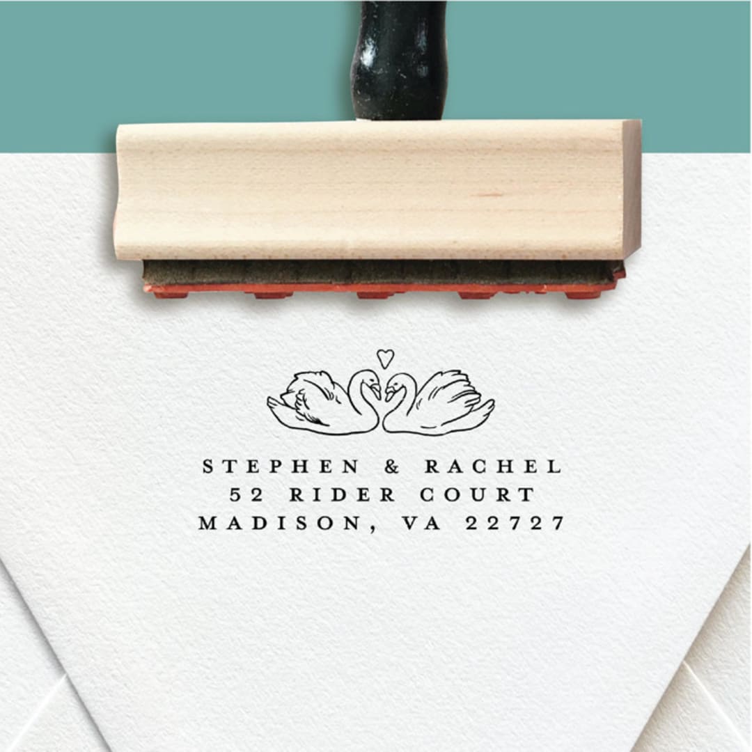 "Custom Return Address Stamp | Swans with Heart | Romantic Garden Wedding" - Address Stamps in black by The Homebody Society
