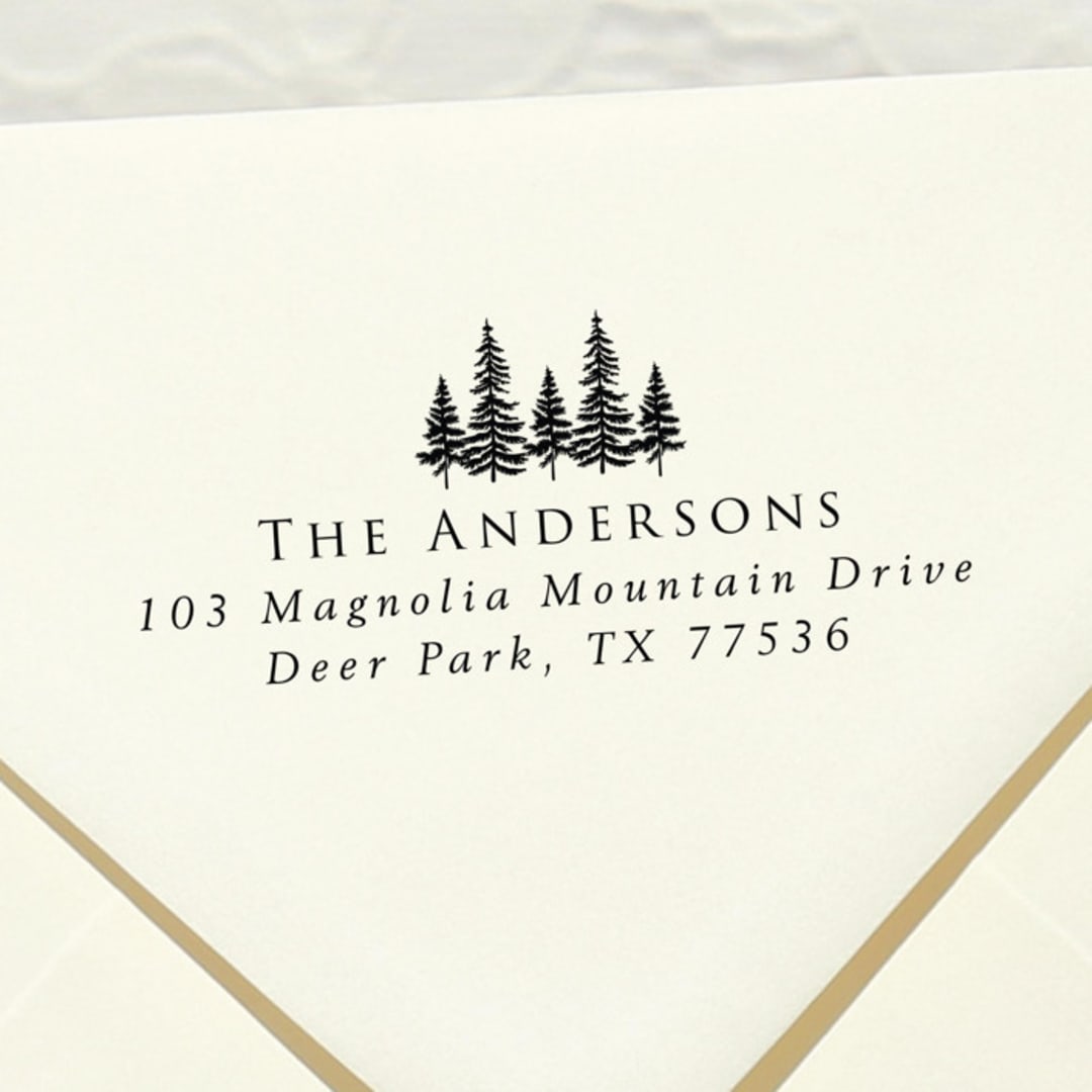 "Evergreen trees address stamp | Self Inking Return Address Stamp" - Address Stamps in black by Samantha Malvey