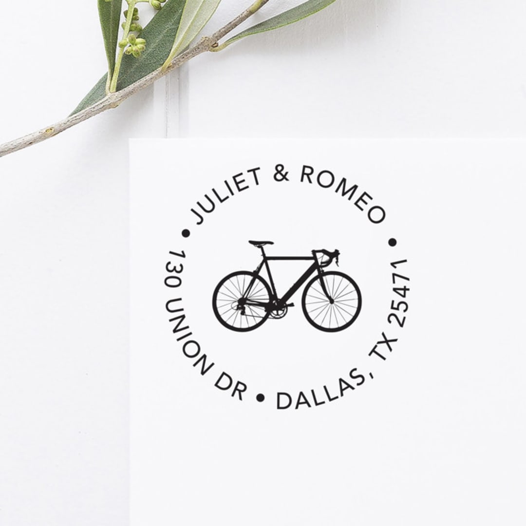 "Bicycle Return Address Stamp, Round Self Inking" - Address Stamps in black by Port of Reverie
