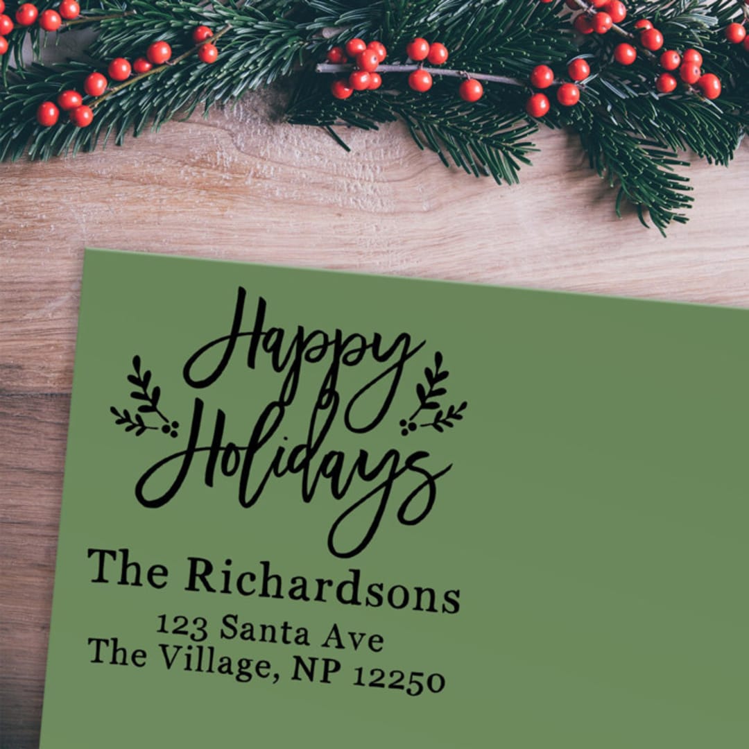 "Custom Happy Holidays Address Stamp | Self-Inking | Black Ink" - Address Stamps in black by Casey Harp