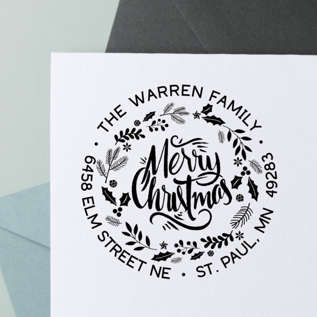 "Custom Christmas Wreath Address Stamp | Self Inking Stamp" - Address Stamps in black by Sara Luke