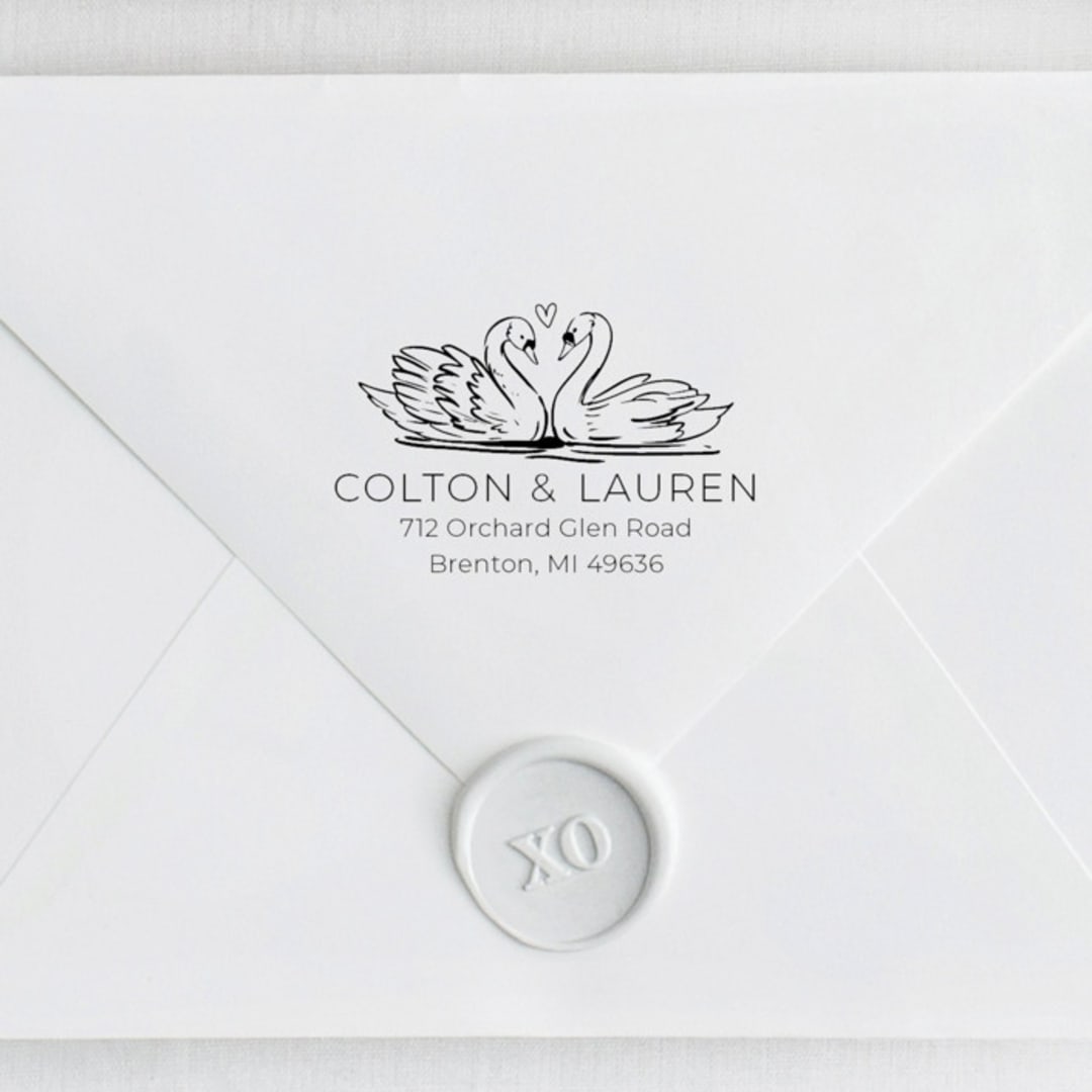 "Swan Return Address Stamp - Romantic Wedding Invitation Address Stamp" - Address Stamps in black by Sara Luke