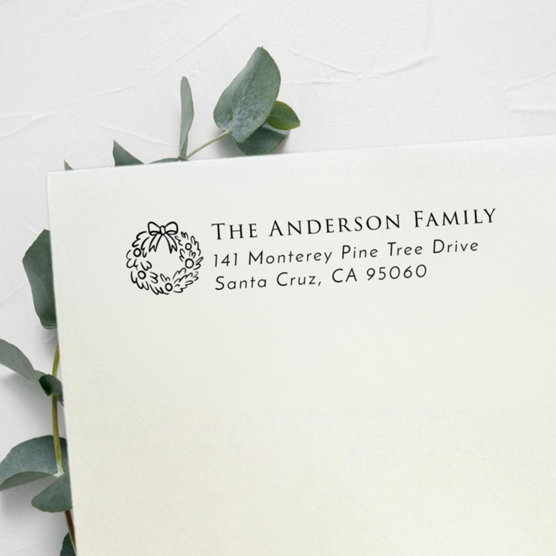 "Wreath Address Stamp, Left Aligned | Self Inking Return Address Stamp" - Address Stamps in black by Samantha Malvey