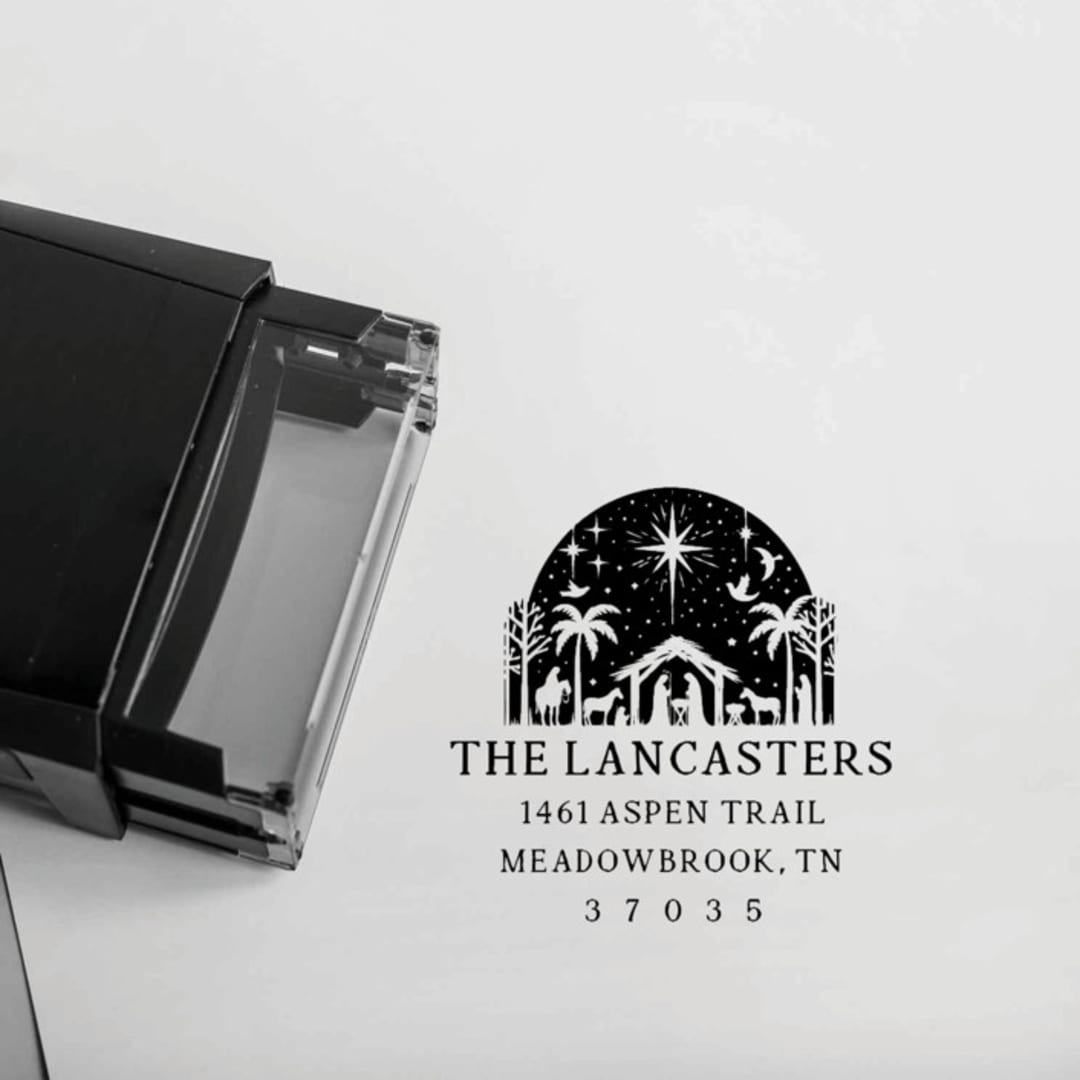 "Nativity Return Address Stamp for Holiday Cards | Self-Inking" - Address Stamps in black by Sara Luke