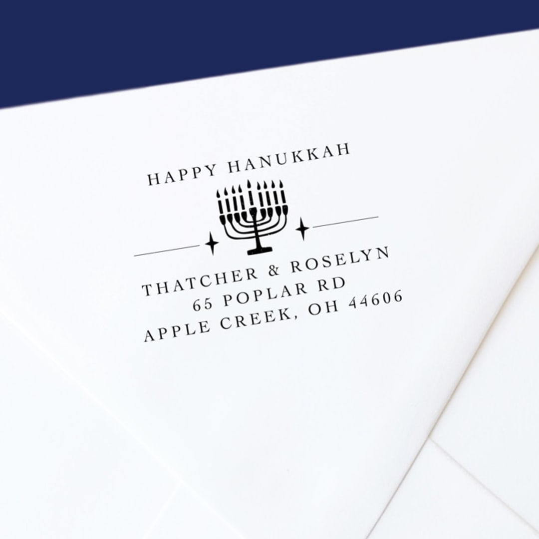 "Happy Hanukkah Self-Inking Address Stamp" - Address Stamps in black by The Homebody Society