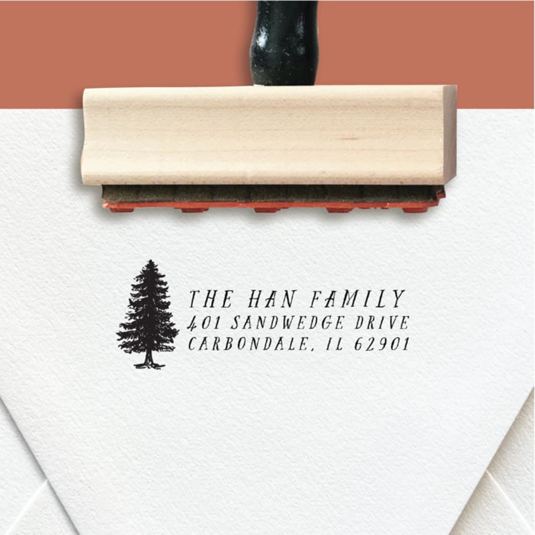 "Custom Return Address Stamp | Single Tree Design | Forest Themed Wedding" - Address Stamps in black by The Homebody Society