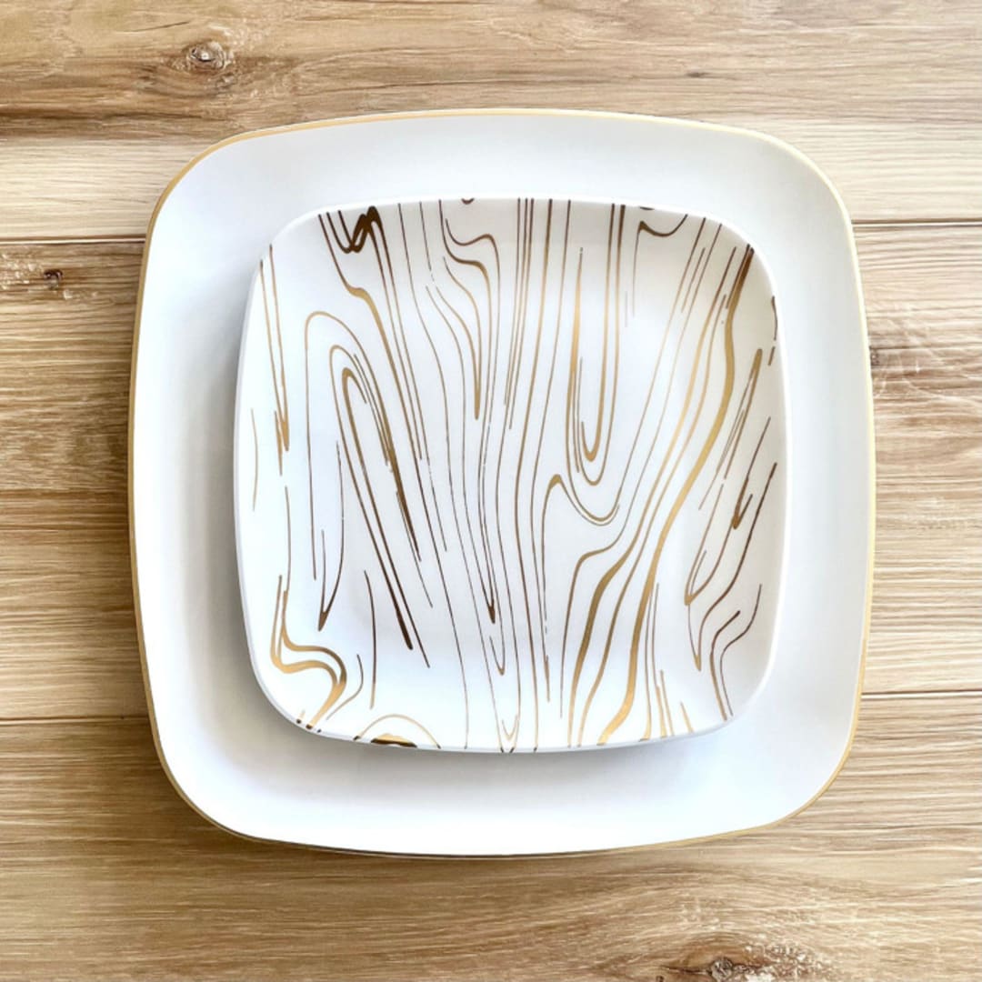 "Subtle Square Dinnerware Set | Gilded Rim & Wood" - Wedding Serving and Dining Accessories in white by Prêt-à-PartyNY