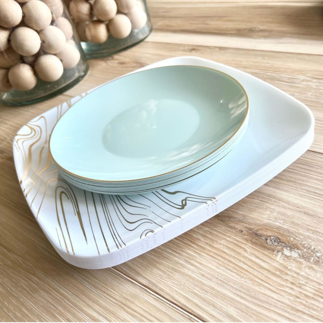 "Subtle Square Dinnerware Set | Wood & Gilded Sage" - Wedding Serving and Dining Accessories in white by Prêt-à-PartyNY