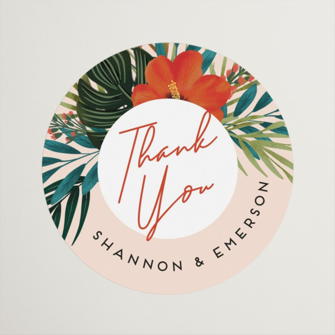 "Tropical Oasis" - Wedding Favor Stickers in Coral by Joanna Griffin - Front
