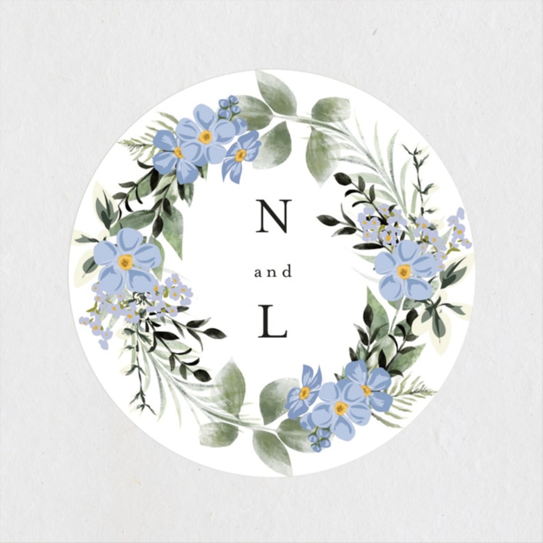 "Botanical Swag" - Wedding Favor Stickers in Periwinkle by Susan Moyal - Front