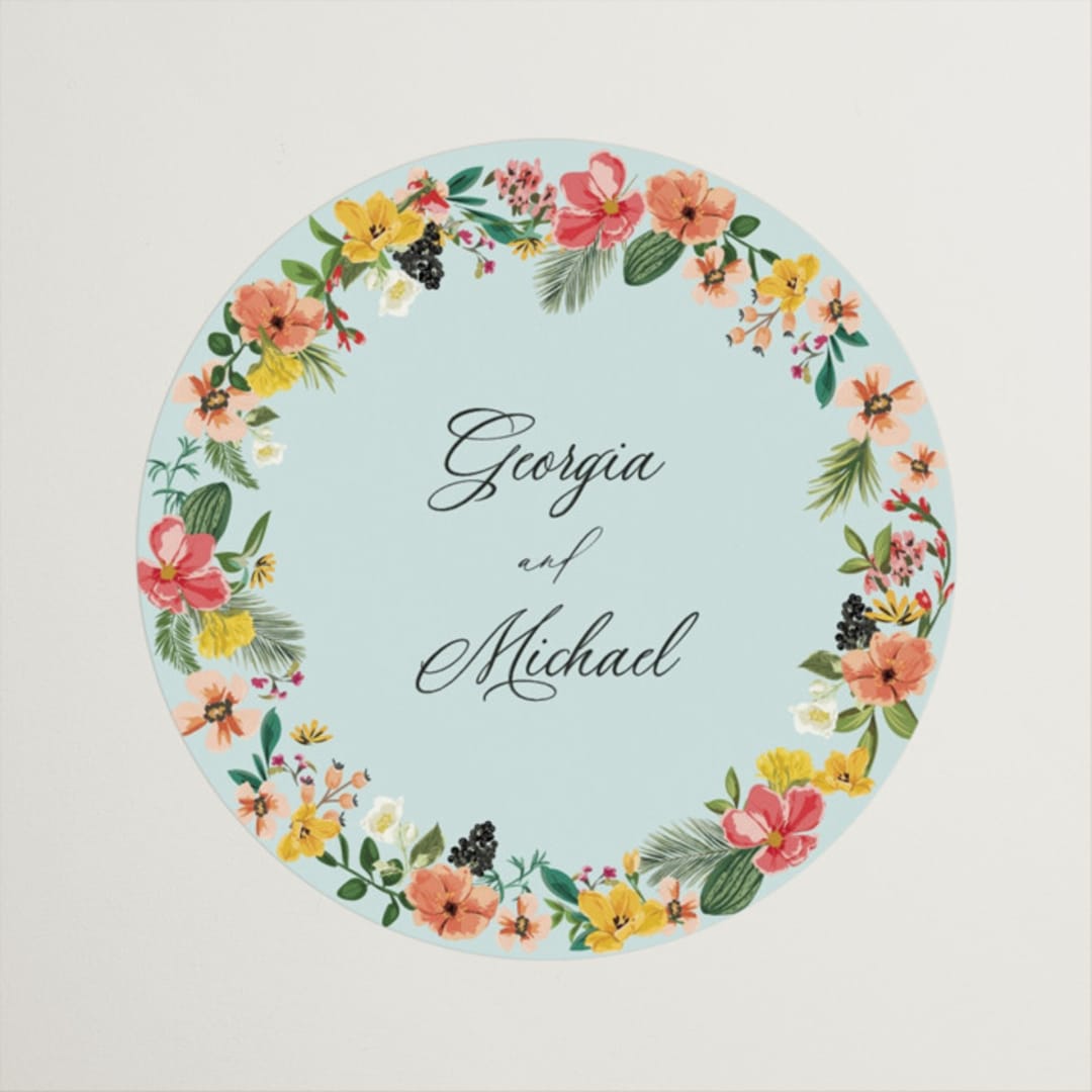 "Tropical Crest" - Wedding Favor Stickers in Papaya by Susan Moyal - Front