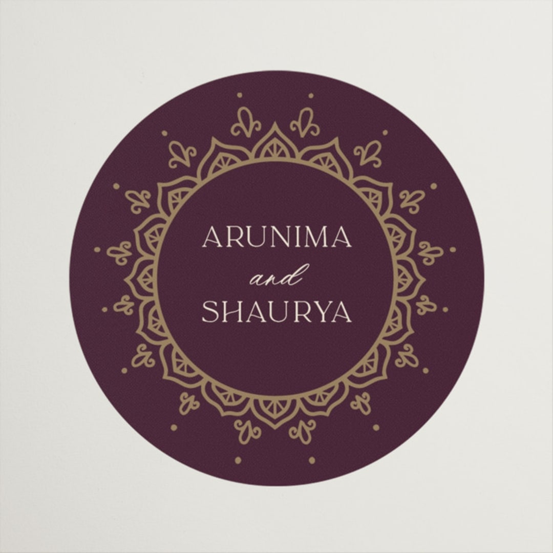 "Arunima" - Wedding Favor Stickers in Plum by Randi Cirelli - Front