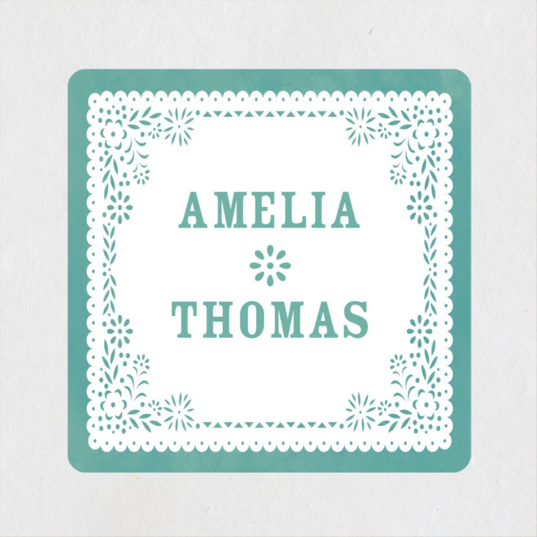 "Fiesta Folk Art" - Wedding Favor Stickers in Lagoon by root beer float - Front