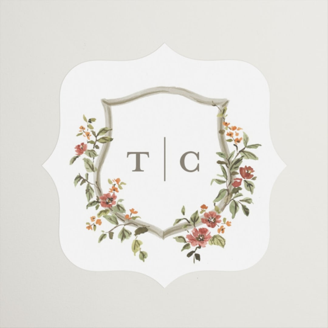 "Foliage Crest" - Wedding Favor Stickers in Mulberry by Everett Paper Goods - Front