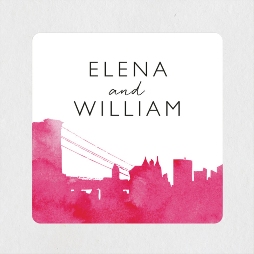 "Skyline - New York" - Wedding Favor Stickers in Magenta by Laura Condouris - Front