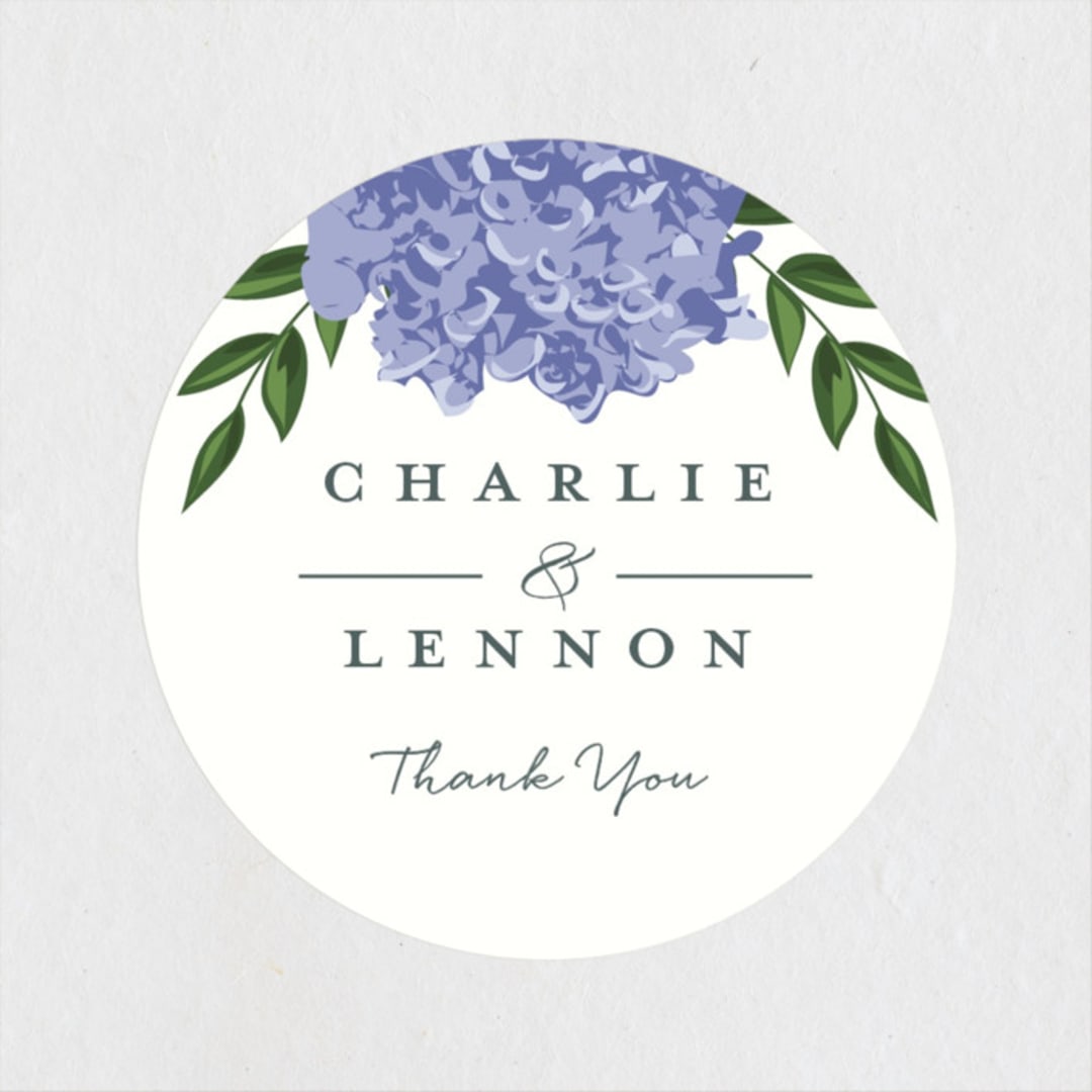 "Hydrangea Frame" - Wedding Favor Stickers in Periwinkle by Susan Moyal - Front