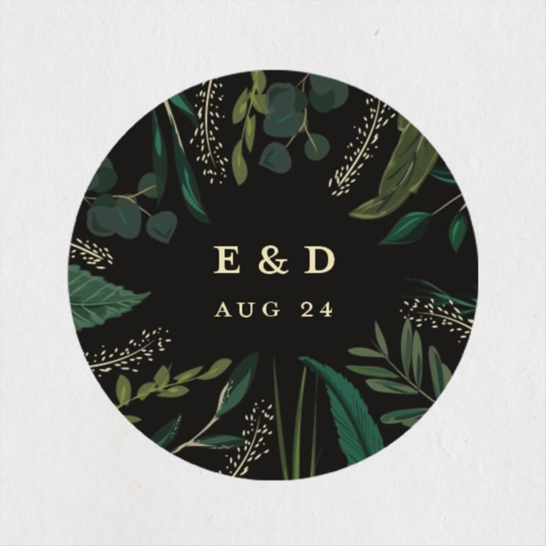 "Emerald Leaves" - Wedding Favor Stickers in Midnight by Susan Moyal - Front
