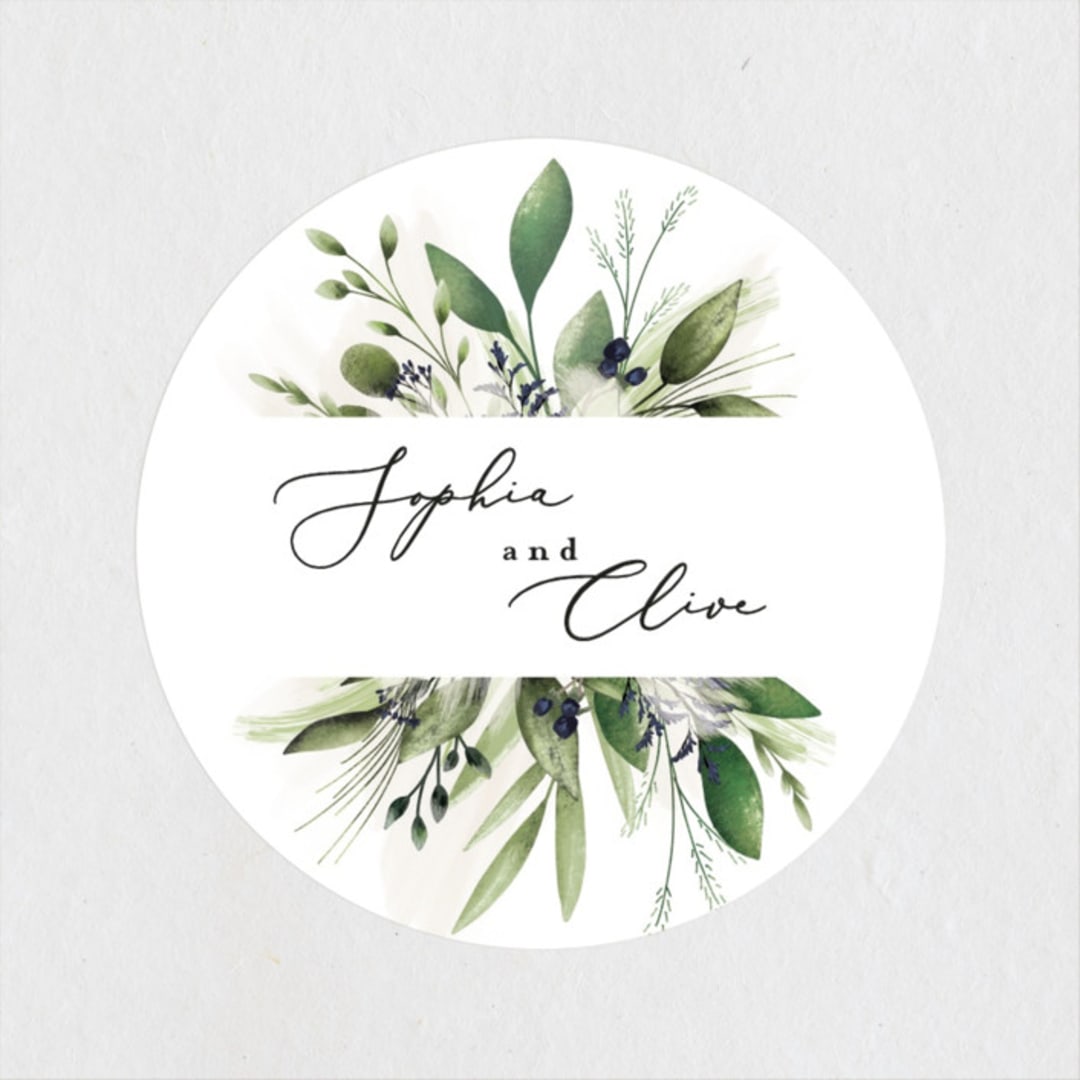 "Greenery Banner" - Wedding Favor Stickers in Navy by Susan Moyal - Front