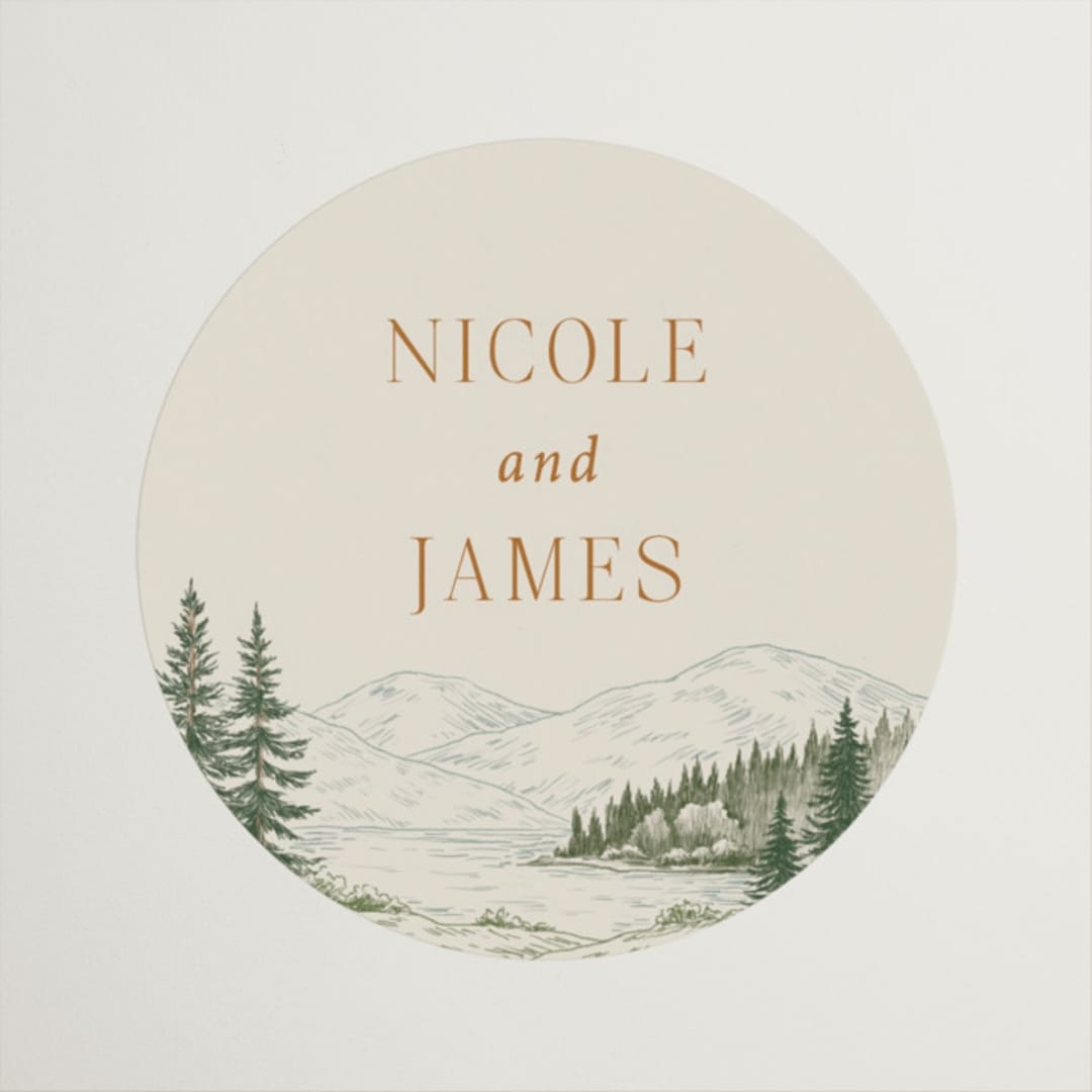 "Whispering Pines" - Wedding Favor Stickers in Forest by Elly - Front