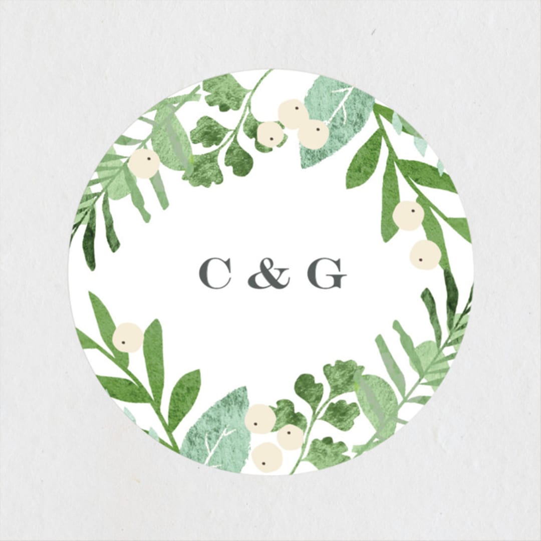 "Leafy ampersand" - Wedding Favor Stickers in Mint leaf by Jennifer Wick - Front