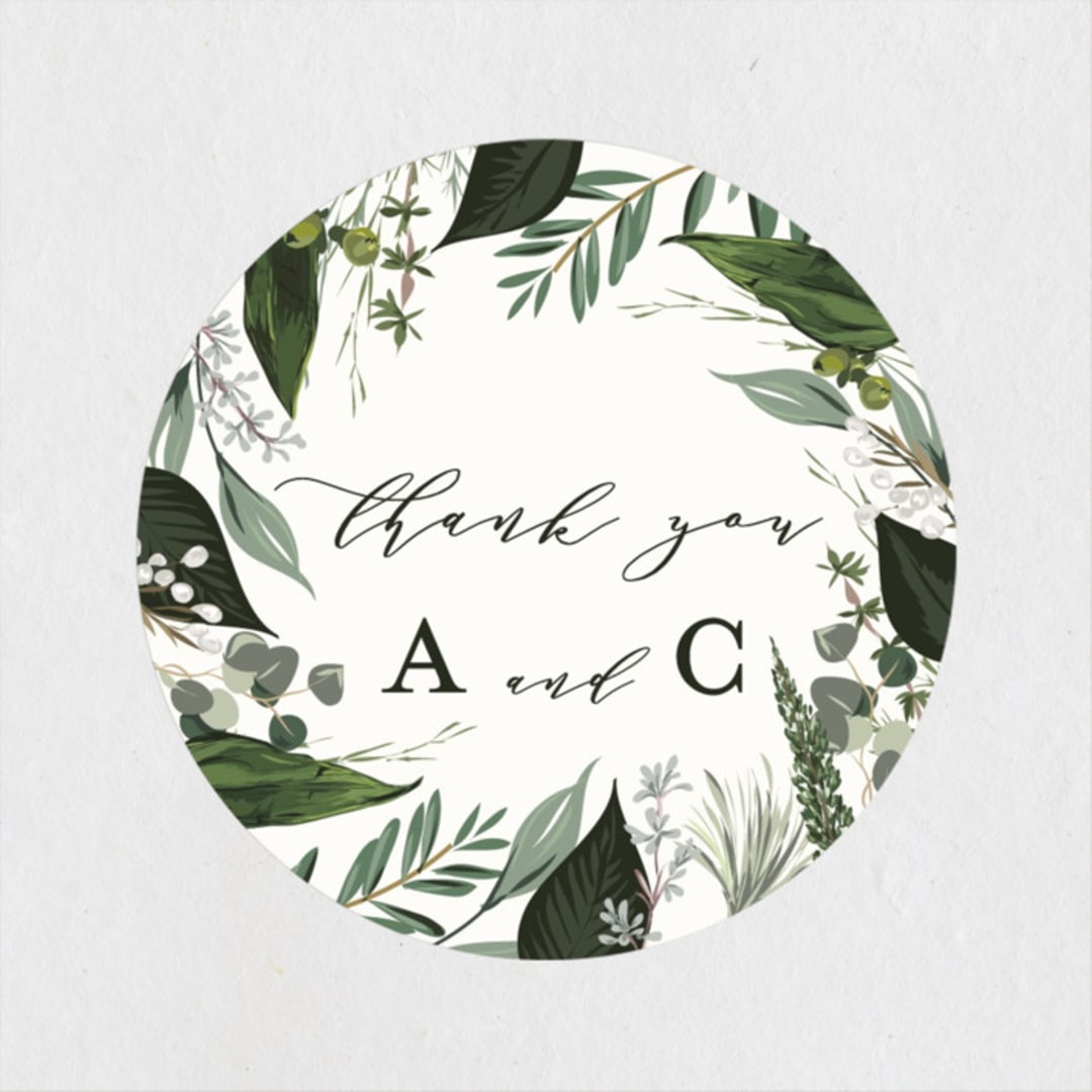 "Natures Greens" - Wedding Favor Stickers in Ivory by Susan Moyal - Front