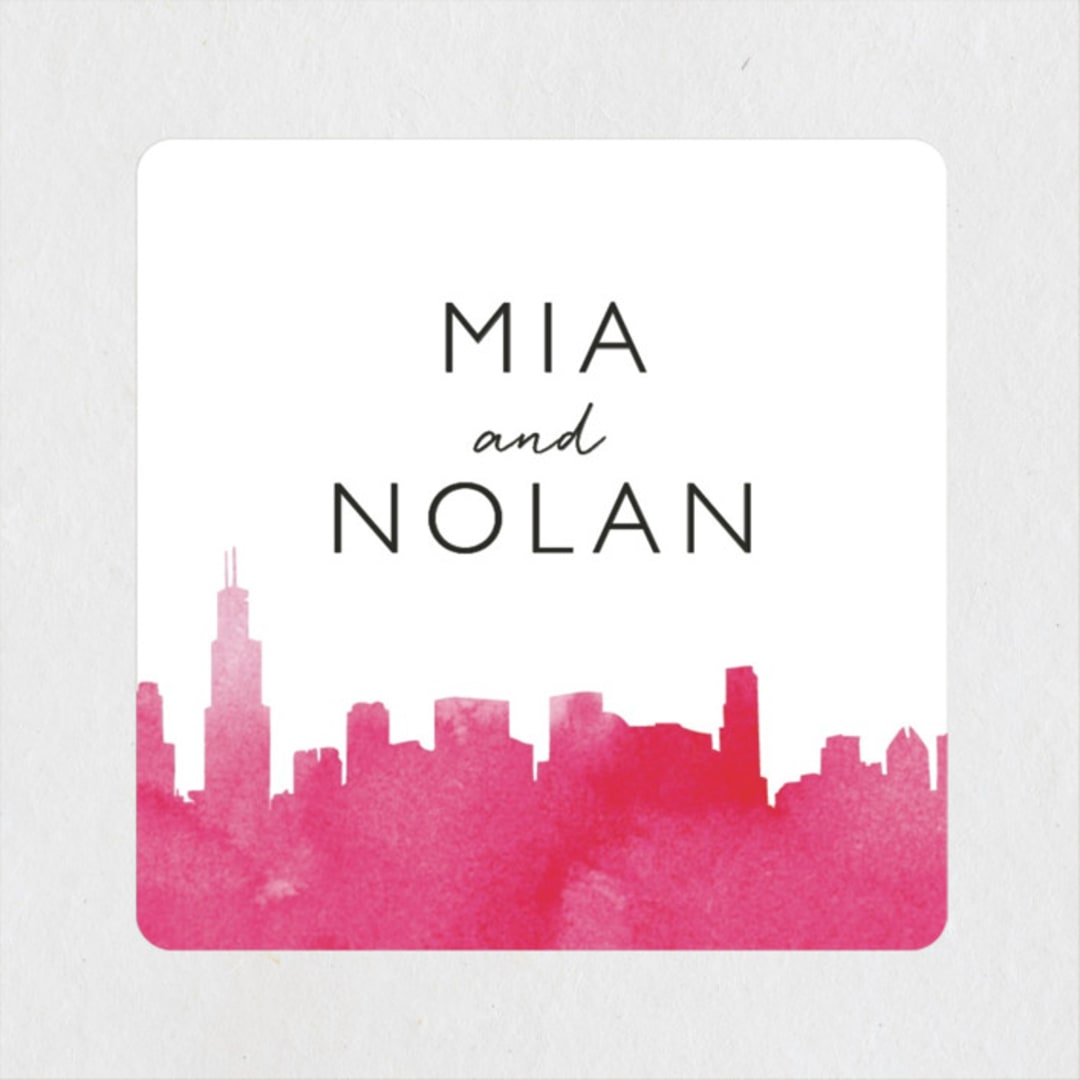 "Skyline Chicago" - Wedding Favor Stickers in Magenta by Laura Condouris - Front