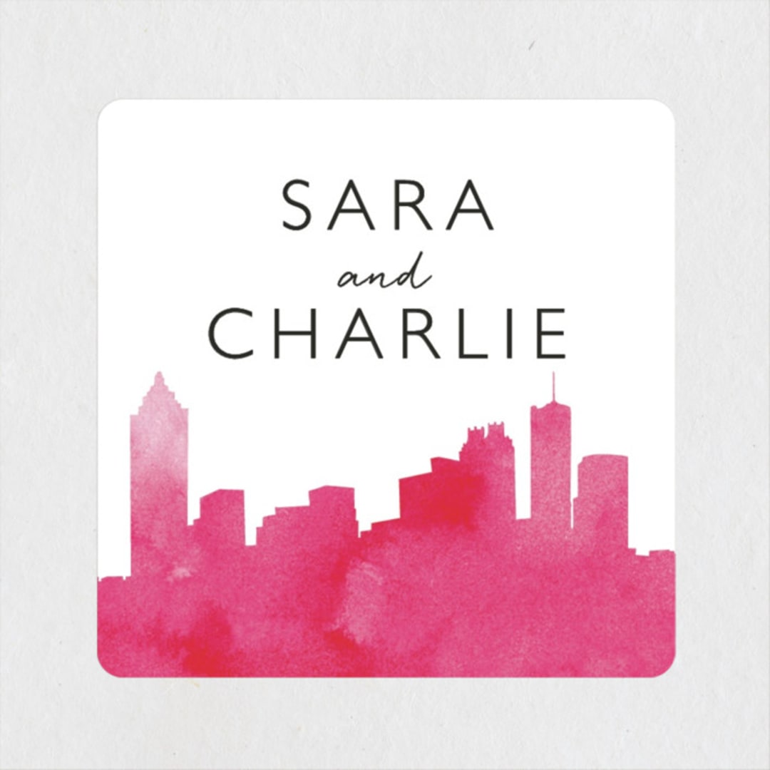 "Skyline Atlanta" - Wedding Favor Stickers in Magenta by Laura Condouris - Front