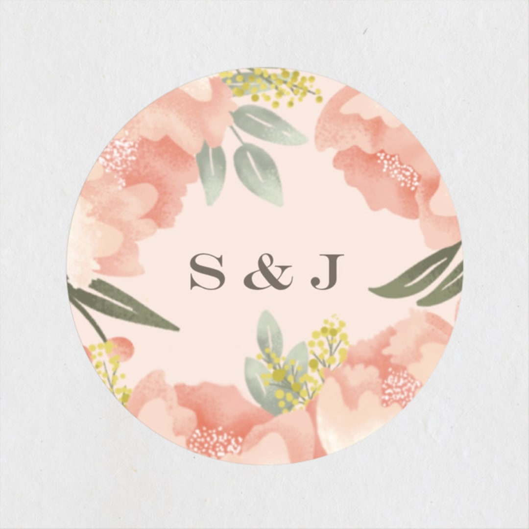 "Peony Wreath" - Wedding Favor Stickers in Peach by Joanna Griffin - Front