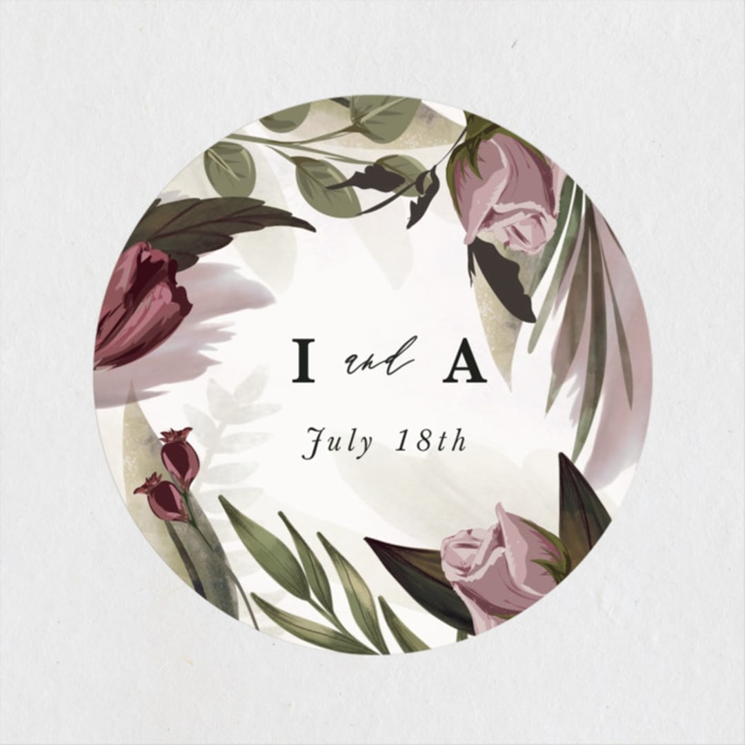 "Roses & Greenery" - Wedding Favor Stickers in Aubergine by Susan Moyal - Front