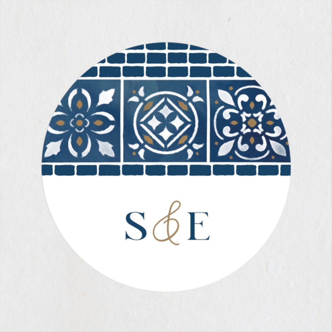 "Mediterranean Tiles" - Wedding Favor Stickers in Ocean by GeekInk Design - Front