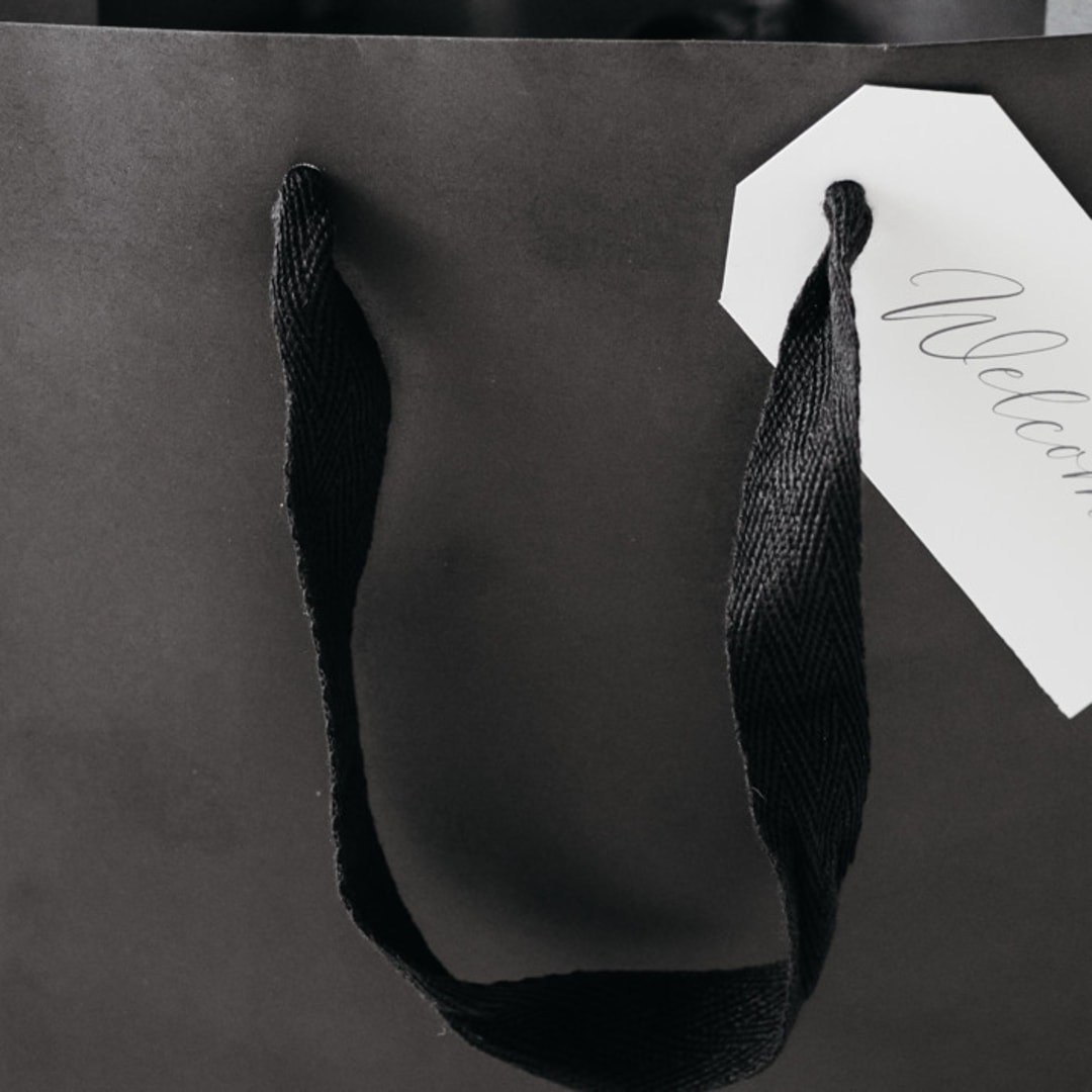 "Black Gift Bag with 'Welcome' Gift Tag" - Welcome Bags in black by Lavender and Pine Gifting