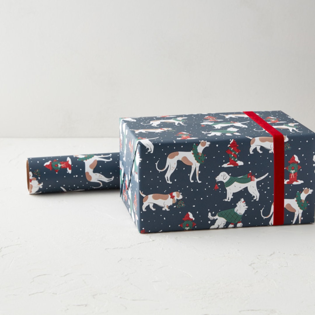 "Snowy Dogs Strolling" - Wrapping Paper Roll in Midnight by Kristin Mastoras