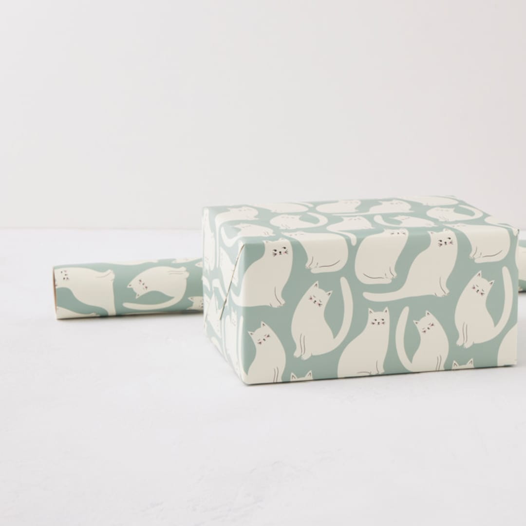 "White Cats Parade" - Wrapping Paper Roll in Teal by The Minty Elephant