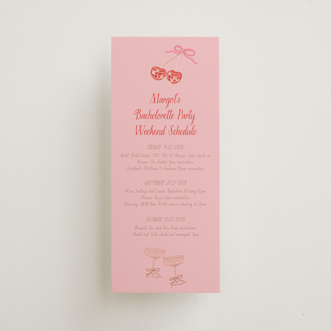 "Mon Cheri" - Wedding Weekend Itinerary Cards in Cherry Blossom by Jenna Holcomb - Front