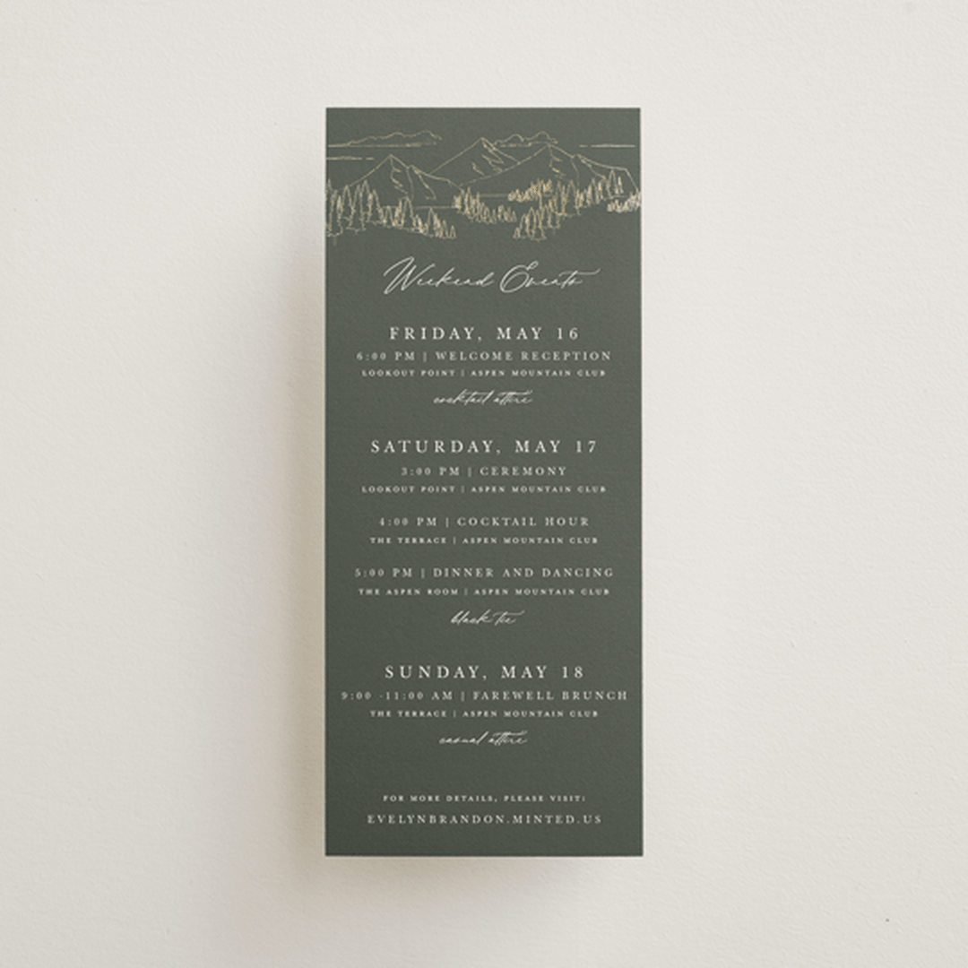 "Peaks" - Wedding Weekend Itinerary Cards in Hunter by Sarah Brown - Front