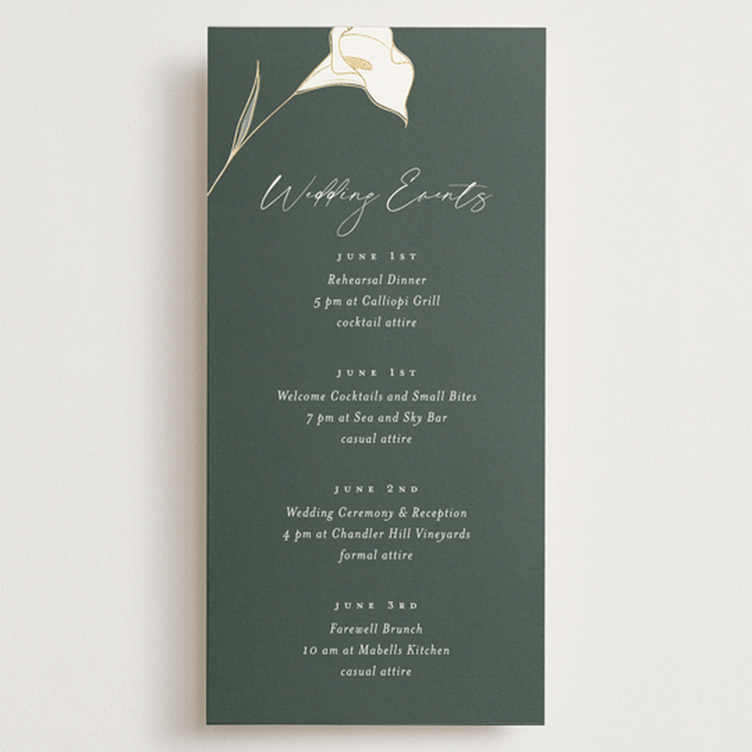 "Elegant Lillies" - Wedding Weekend Itinerary Cards in Forest by Stacey Meacham - Front