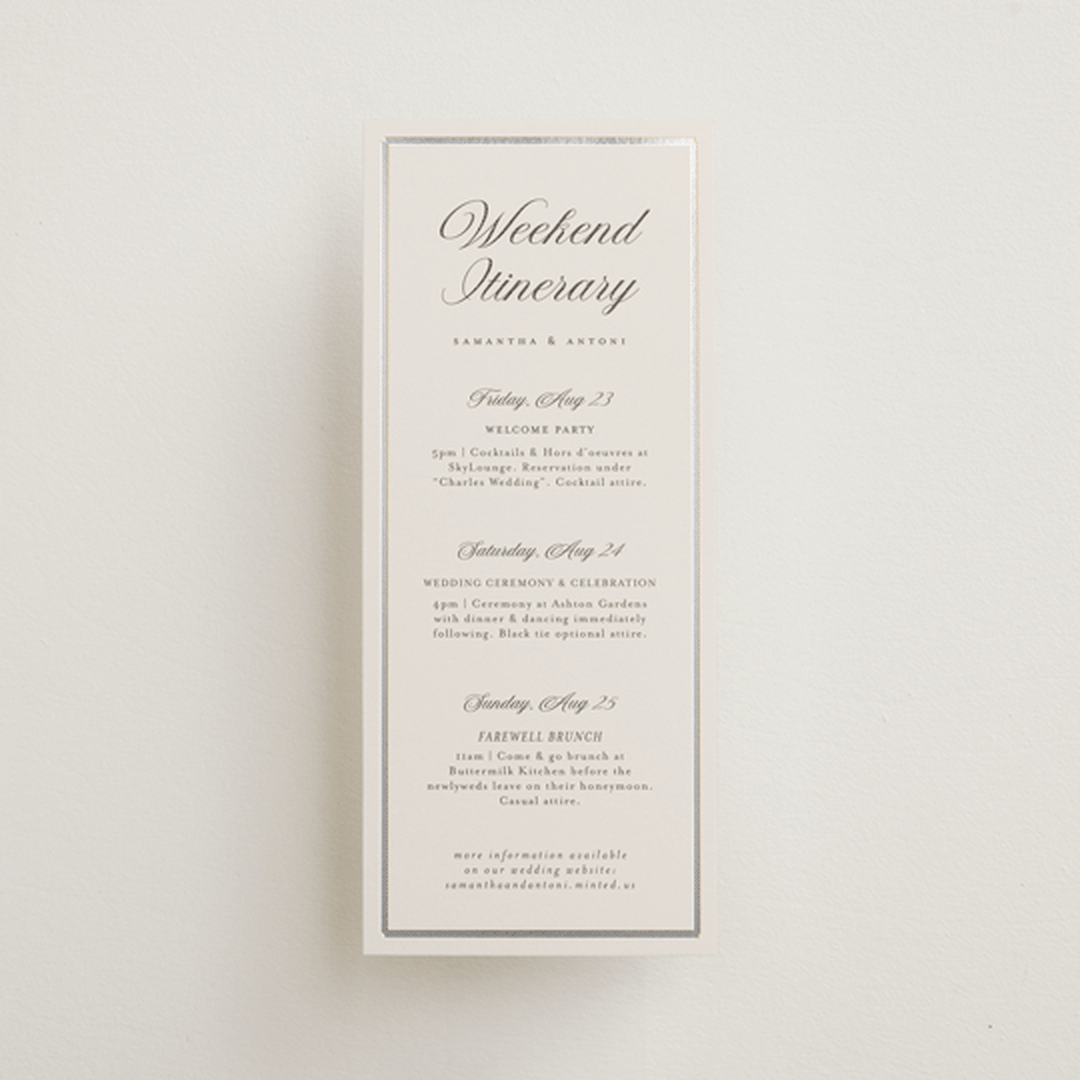 "Tux" - Wedding Weekend Itinerary Cards in Antique by Nicole Walsh - Front