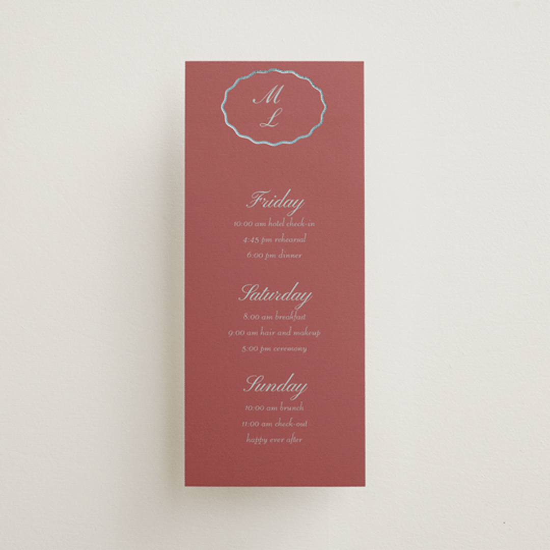 "Scallop Frame" - Wedding Weekend Itinerary Cards in Burgundy by Baumbirdy - Front