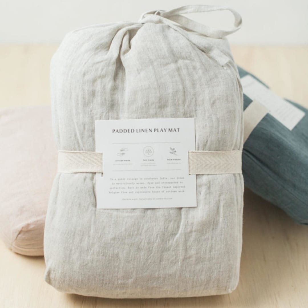 "Stone Washed Linen Quilted Playmat - Natural" - Kids Blankets and Throws in gray by Powered By People