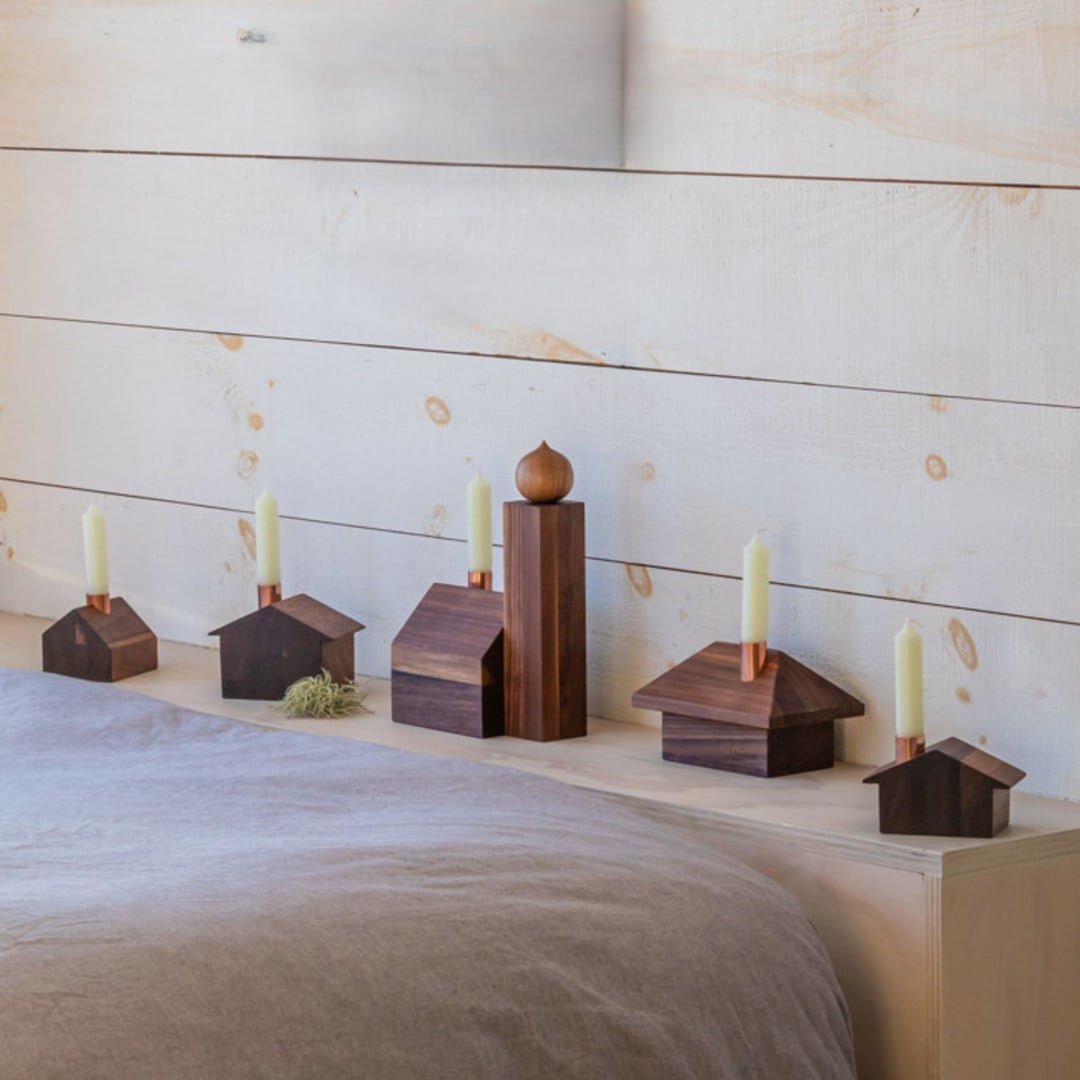 "Alpine Holiday Village Set" - Christmas Decorations in brown by Ann Nygard