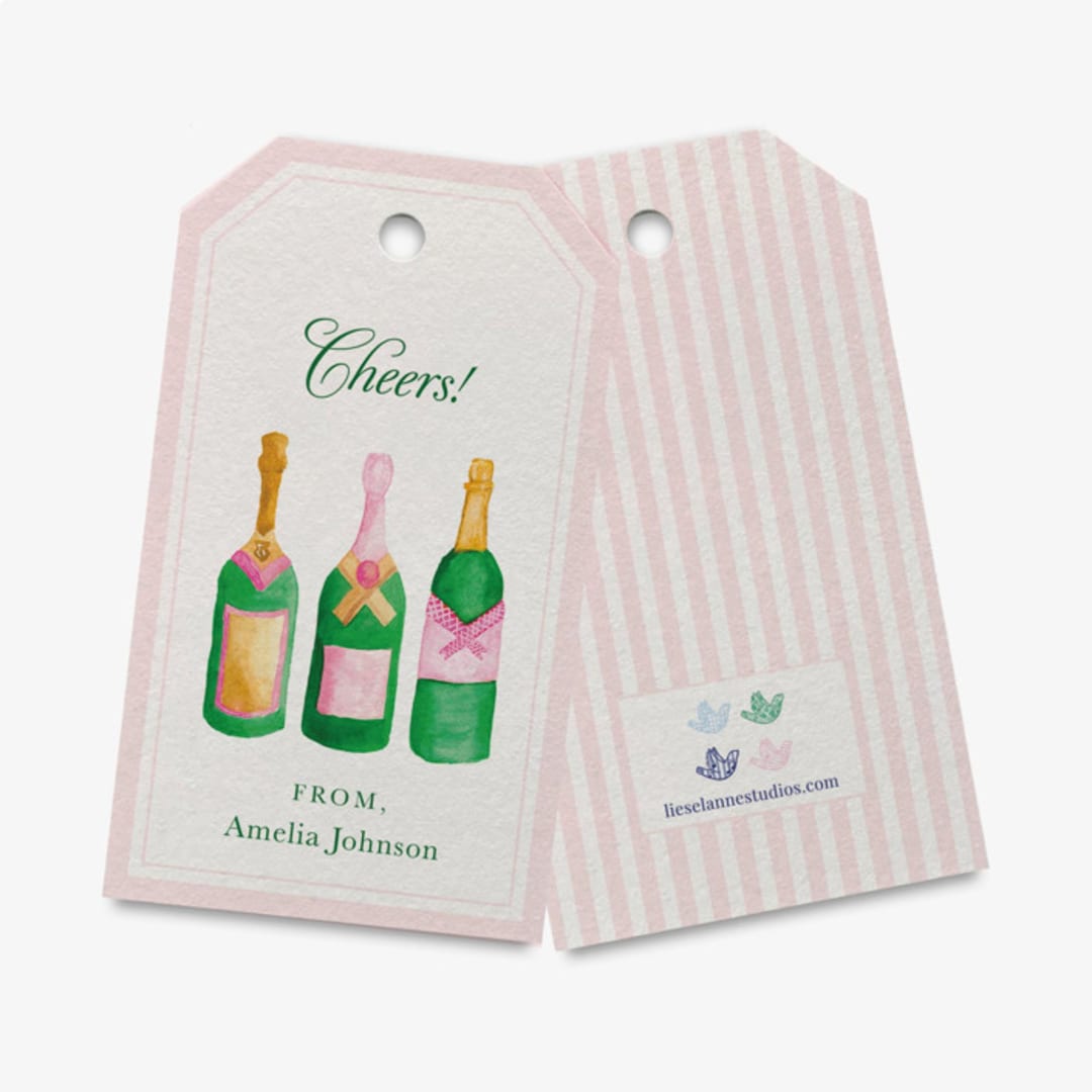 "Custom Champagne Bottle Gift Tags [Set of 24]" - Holiday Gift Tags in green by Liesel Anne