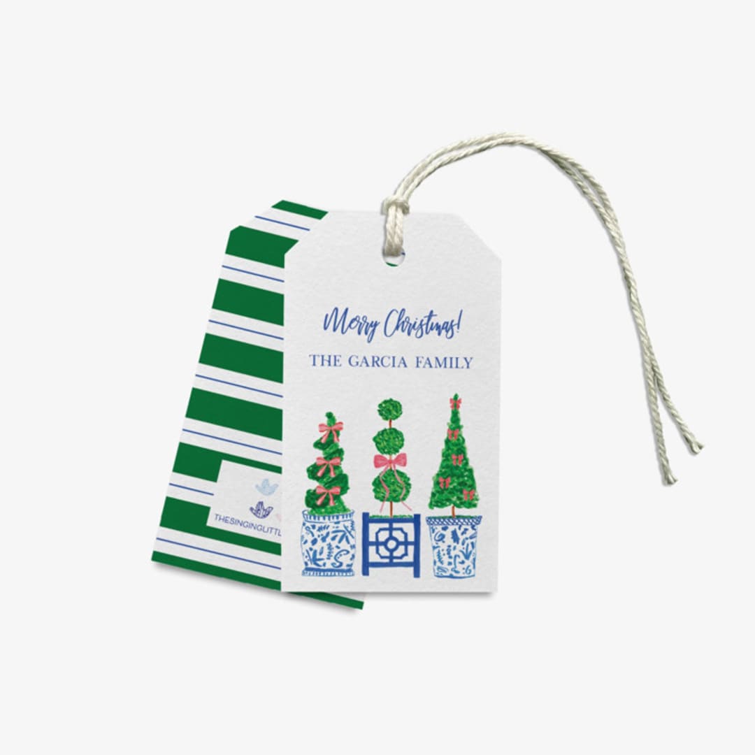 "Topiary Trio Christmas Personalized Gift Tags" - Holiday Gift Tags in green by Liesel Anne