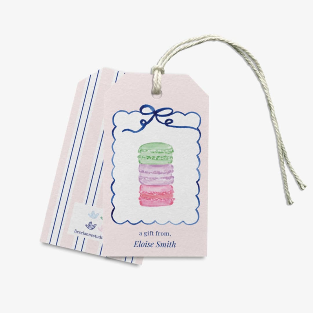 "Personalized Macaron Stack Gift Tags" - Holiday Gift Tags in pink by Liesel Anne