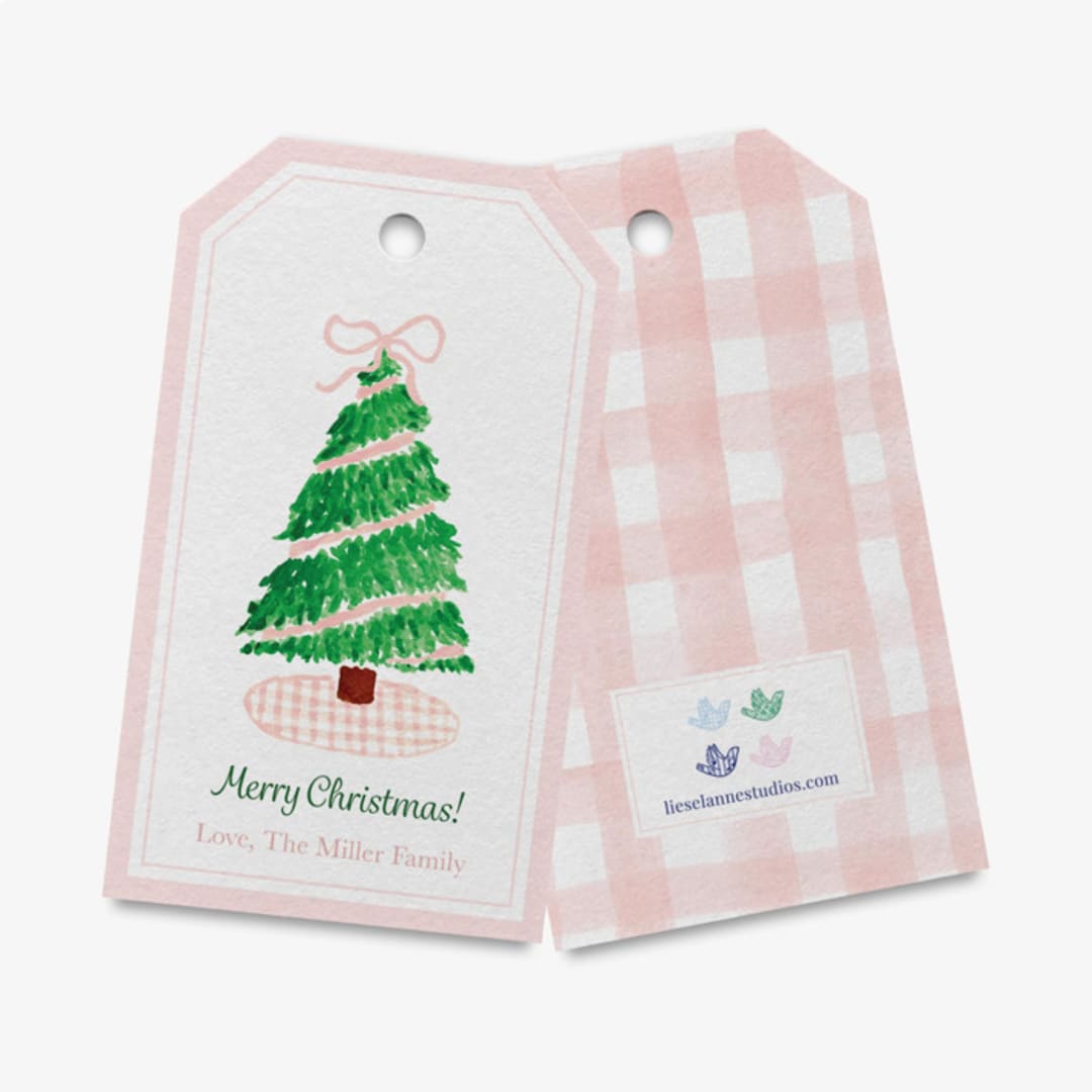 "Personalized Pink Gingham Christmas Tree Gift Tags" - Holiday Gift Tags in pink by Liesel Anne