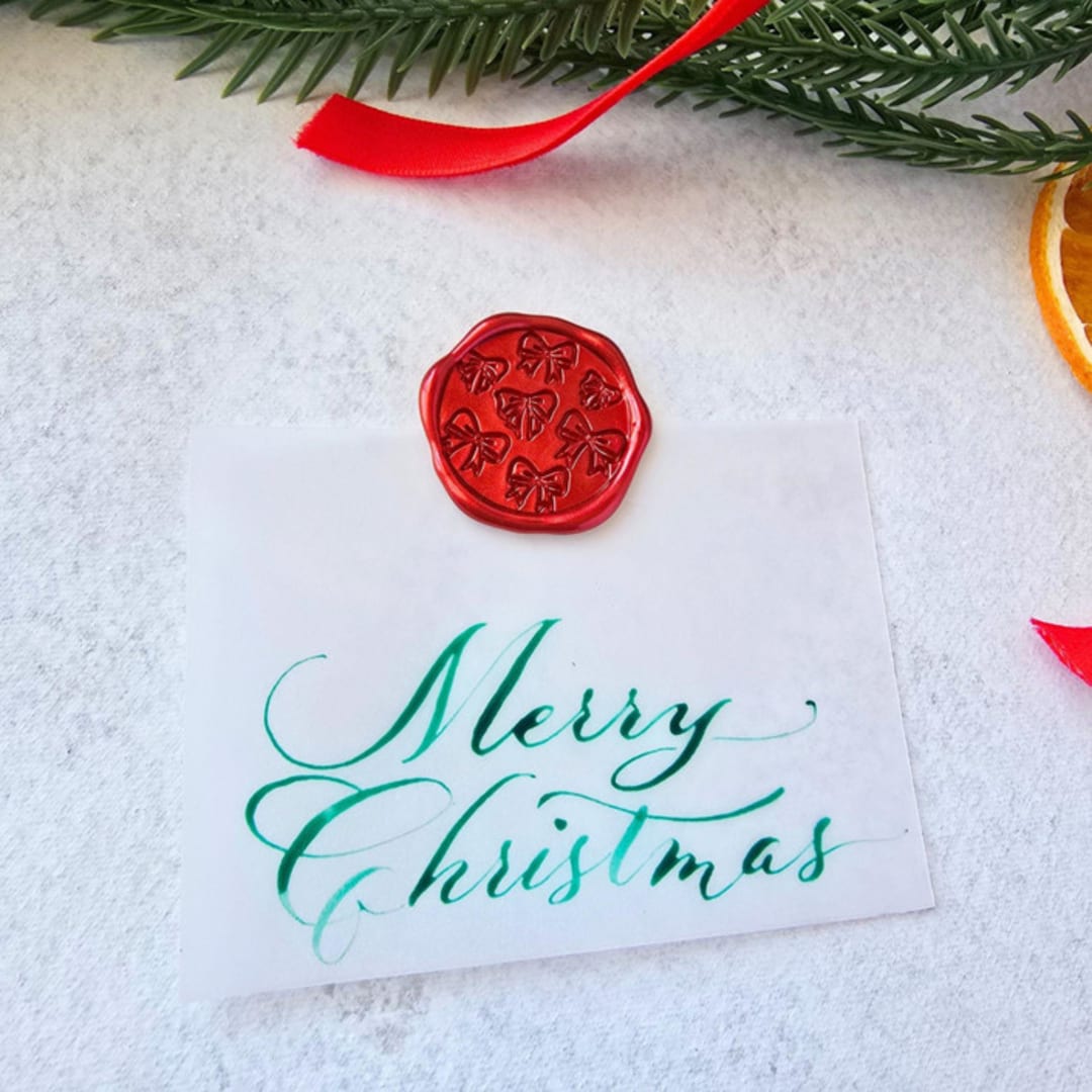 "Merry Christmas Vellum Tag with Wax Seal - Green & Red - Set of 10 Calligraphed Tags" - Holiday Gift Tags in green by Inkspiringletters