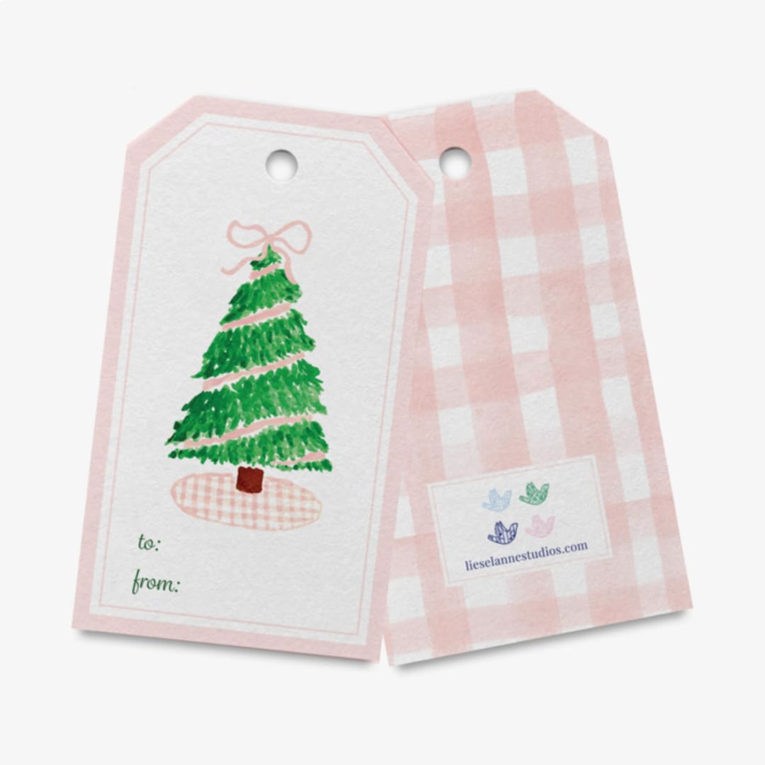 "Pink Gingham Christmas Tree Holiday Gift Tags [Set of 8]" - Holiday Gift Tags in pink by Liesel Anne